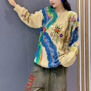 Áo len cashmere dài tay cổ tròn form rộng móc hoa màu sắc - NU7795