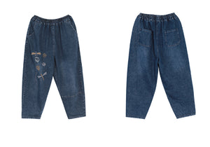 Quần baggy denim thêu chuồn chuồn và hoa bồ công anh - NU7602