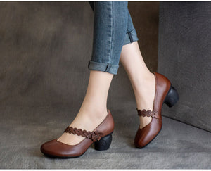 Giày da retro đế cao có quai đính hoa - OD0278