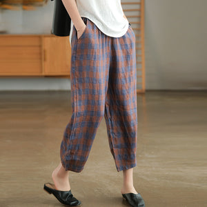 Quần baggy linen kẻ caro lưng thun hai túi chéo - NU7063
