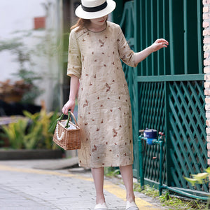 Đầm liền linen ngắn tay cổ tròn thêu hoa lá đơn sắc - NU8440