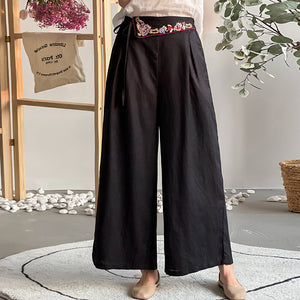 Quần baggy linen lưng cao thêu hoa văn ống rộng - NU8413