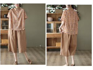 Áo sơ mi linen ngắn tay cổ đức in những chú cú ngộ nghĩnh - NU7066