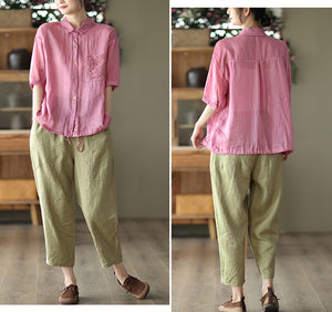 Quần baggy linen lưng thun kiểu đai đính khuy - NU7335
