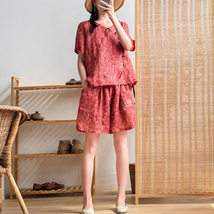 Bộ đồ gồm áo sơ mi ngắn tay khuy tàu và quần sooc in hoa liti - NU7210