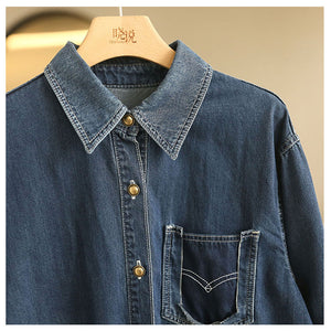 Áo sơ mi denim dài tay cổ đức form dài túi tam giác kiểu - NU8300