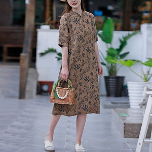 Đầm liền linen ngắn tay cổ V xếp ly khuy tròn in hoa lá - NU8437