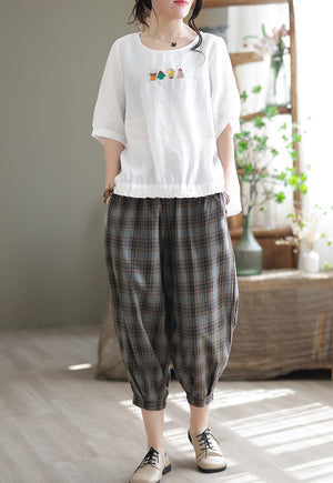 Quần baggy linen lưng thun kẻ sọc caro ống túm một túi sau - NU7423