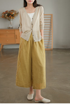 Quần baggy linen lưng cao ống rộng thêu sợi màu ziczac - NU7230