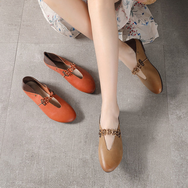 Giày da retro đế thấp quai đính hoa - NU5227