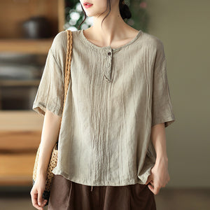 Áo T-shirt linen ngắn tay cổ tròn bốn khuy - NU7421