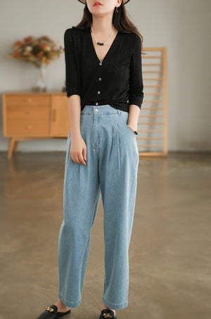 Quần baggy denim ống đứng lưng cao hai túi chéo - NU7387