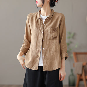 Áo sơ mi linen dài tay cổ pipi một túi xếp ly - NU6760