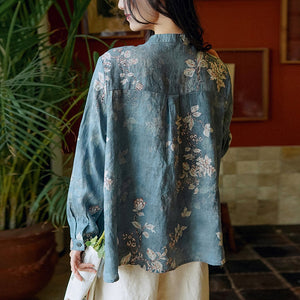 Áo sơ mi linen dài tay cổ đứng in màu nước một túi vuông - NU6740