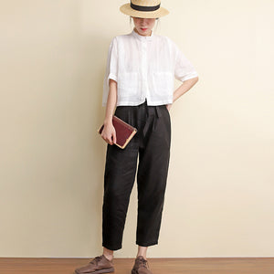 Áo sơ mi linen ngắn tay cổ đứng hai túi vuông  - NU7418