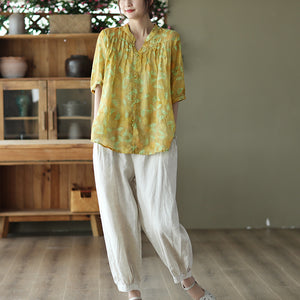 Áo sơ mi linen ngắn tay cổ V khuy đôi in hoa lá - NU8578