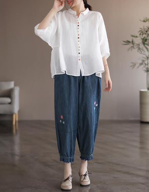 Quần baggy denim thêu hoa gấu thun đính ren - NU7626