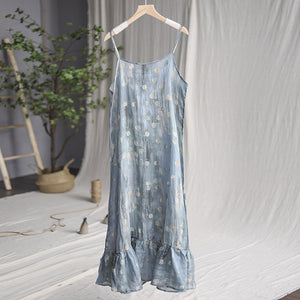 Đầm liền linen hai dây in hoa lá tùng xòe - NU7126