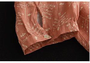Áo sơ mi linen ngắn tay cổ pipi phối màu in những nhành cây - NU7506