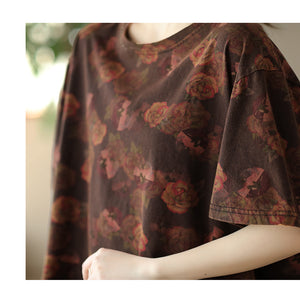 Áo T-shirt ngắn tay cổ tròn in hoa lá đơn sắc - NU8630