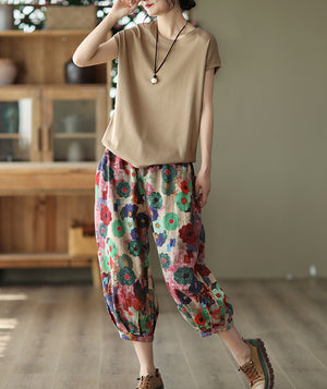 Quần baggy linen lưng thun dây rút in những bông hoa sắc màu - NU7489
