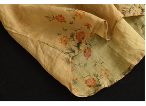 Áo sơ mi linen ngắn cổ pipi xếp ly in bụi hoa - NU7435