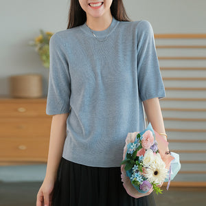 Áo T-shirt len dệp kim ngắn tay cổ tròn một màu - NU7622