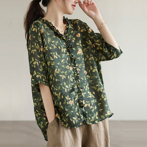 Áo sơ mi linen ngắn tay cổ V đính bèo in hoa lá - NU7300