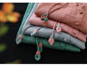 Áo sơ mi linen ngắn tay cổ đứng khuy tròn cài lệch - NU6918