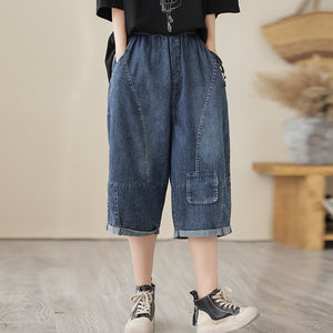 Quần baggy lửng denim lưng thun một túi vuông kiểu - NU8602