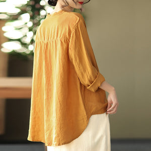 Áo sơ mi linen dài tay cổ tàu thêu hoa văn retro trước ngực - NU6708