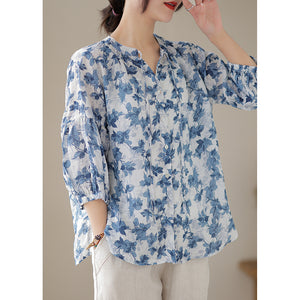 Áo sơ mi linen tay lửng cổ tròn cột dây in hoa lá - NU8533