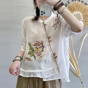 Áo sơ mi linen ngắn tay cổ tàu khuy tròn thêu chim phượng hoàng - NU7172