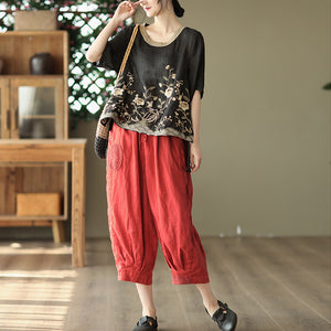 Quần baggy linen lưng thun dây rút thêu hoa hồng - NU7324