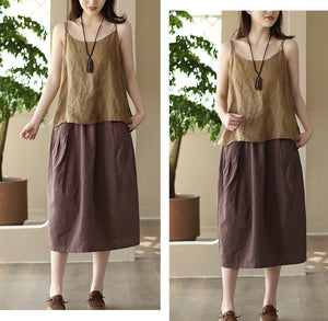 Chân váy linen retro hai túi ngang xếp ly - NU8520