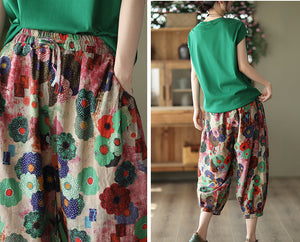 Quần baggy linen lưng thun dây rút in những bông hoa sắc màu - NU7489
