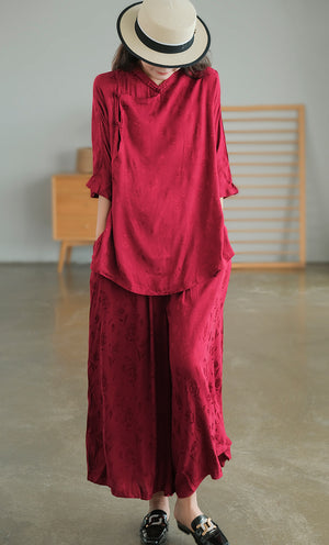 Quần baggy lưng thun ống rộng thêu hoa văn nổi - NU7542