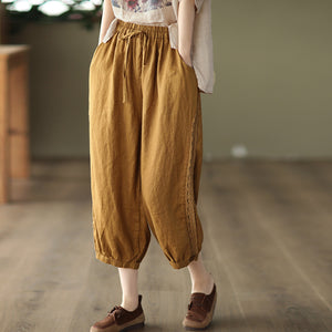 Quần baggy linen lưng thun dây rút thêu ren hai bên - NU7479