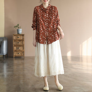 Áo sơ mi linen dài tay cổ đức xếp ly in hoa lá - NU8106