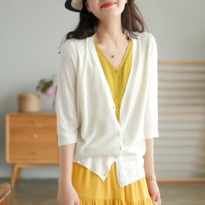 Áo khoác len cardigan dệt kim ngắn tay cổ V hai lớp - NU6589