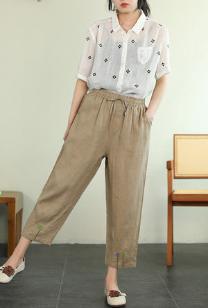 Quần baggy linen lưng thun dây rút thêu kẹo ngọt - NU7288