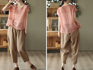 Áo T-shirt linen sát nách cổ tròn thêu hoa văn kiểu lệch tà - NU7297