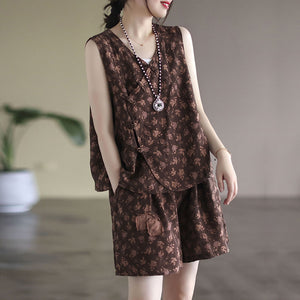 Quần sooc linen lưng thun in hoa lá đính hai mảnh vải  - NU7369