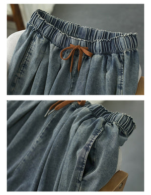 Quần baggy lửng denim lưng thun dây rút ống xếp ly - NU8600