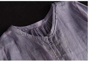 Áo sơ mi linen ngắn tay cổ lá sen ba khuy kiểu thêu hoa văn - NU7164
