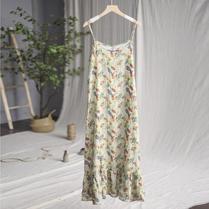 Đầm liền linen hai dây in hoa lá tùng xòe - NU7126