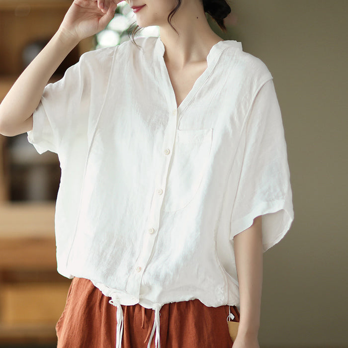 Áo sơ mi linen ngắn tay cổ V túi tròn kiểu - NU7059