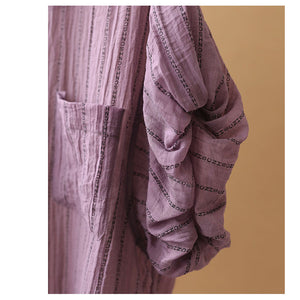 Áo sơ mi linen ngắn tay cổ pipi kẻ sọc bằng chữ - NU7391