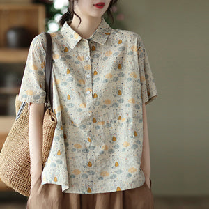 Áo sơ mi linen ngắn tay cổ đức in những chú cú ngộ nghĩnh - NU7066