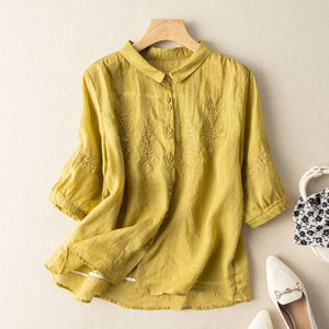 Áo sơ mi linen ngắn tay cổ pipi thêu những bông tuyết đối xứng - NU7182